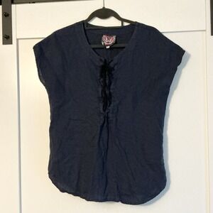 Johnny Was Linen Boho Peasant Top Womens Size Small Lace Up Front Navy‎ Blue